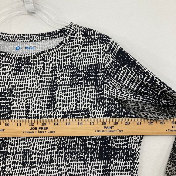 IBKUL Large Black White Abstract Stretch Crew Neck Long Sleeve Top Golf Active - Picture 5 of 8